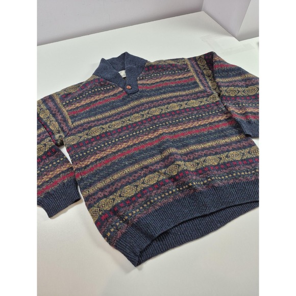 Vintage St Michael Sweater Mens Large Blue Wool Fair Isle Shawl Collar Pullover - Picture 2 of 12